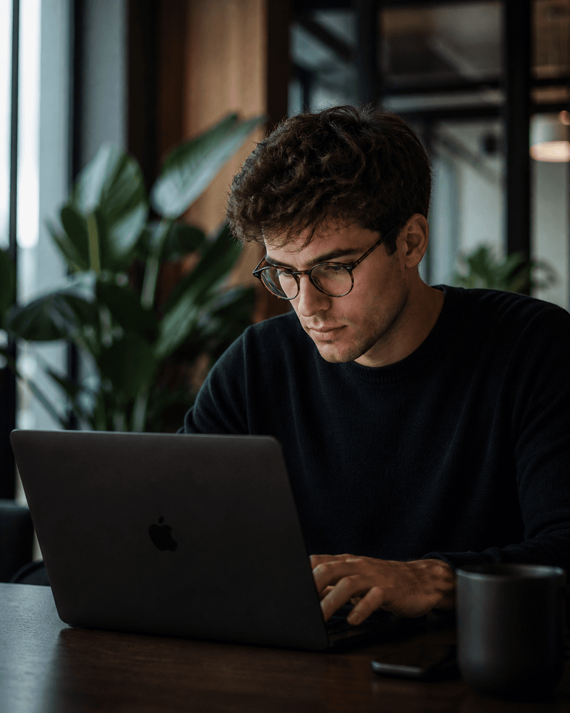 A professional working on a laptop in a modern architectural workspace.