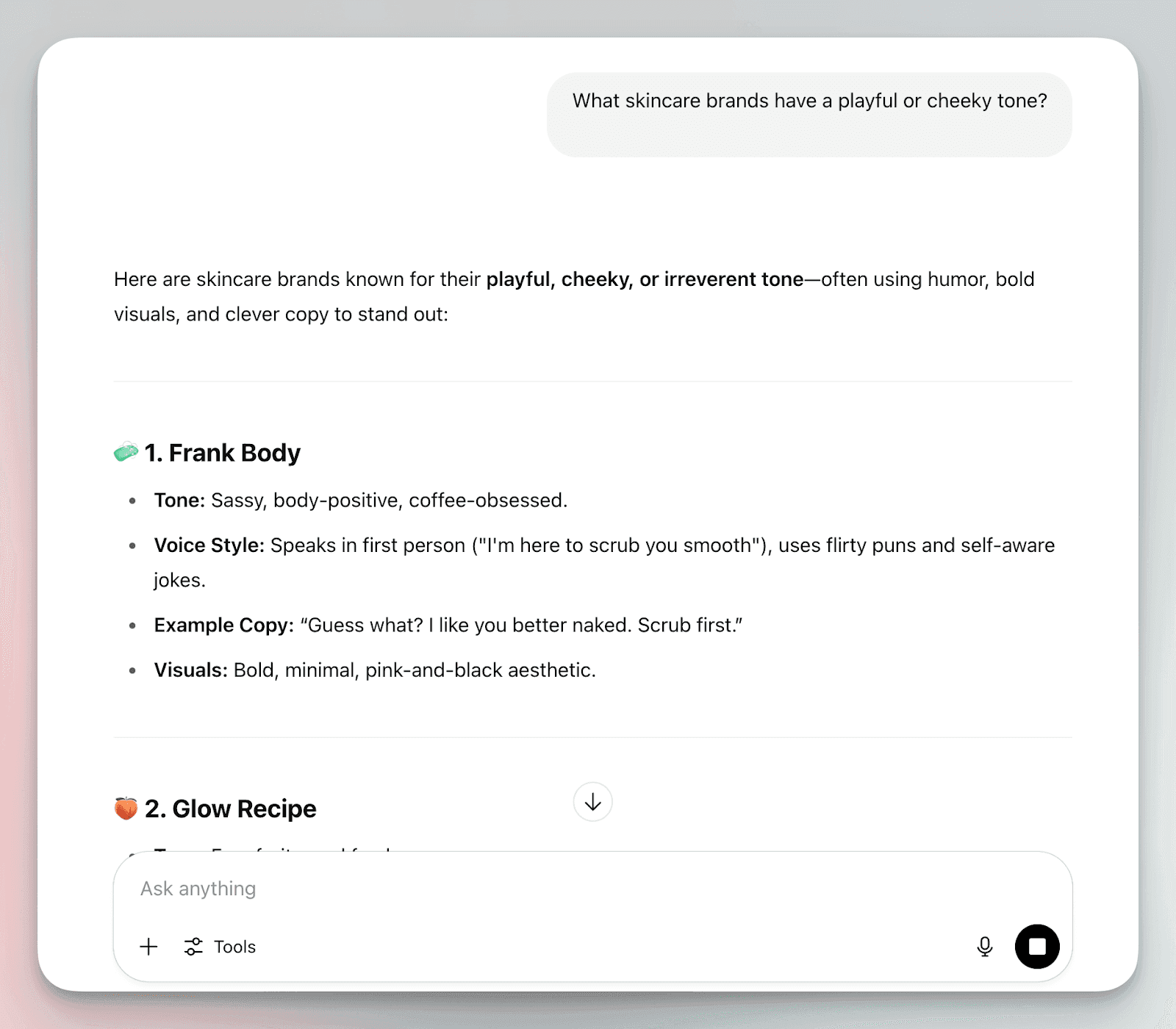 ChatGPT example showcasing brand voice traits for Frank Body and Glow Recipe in skincare search