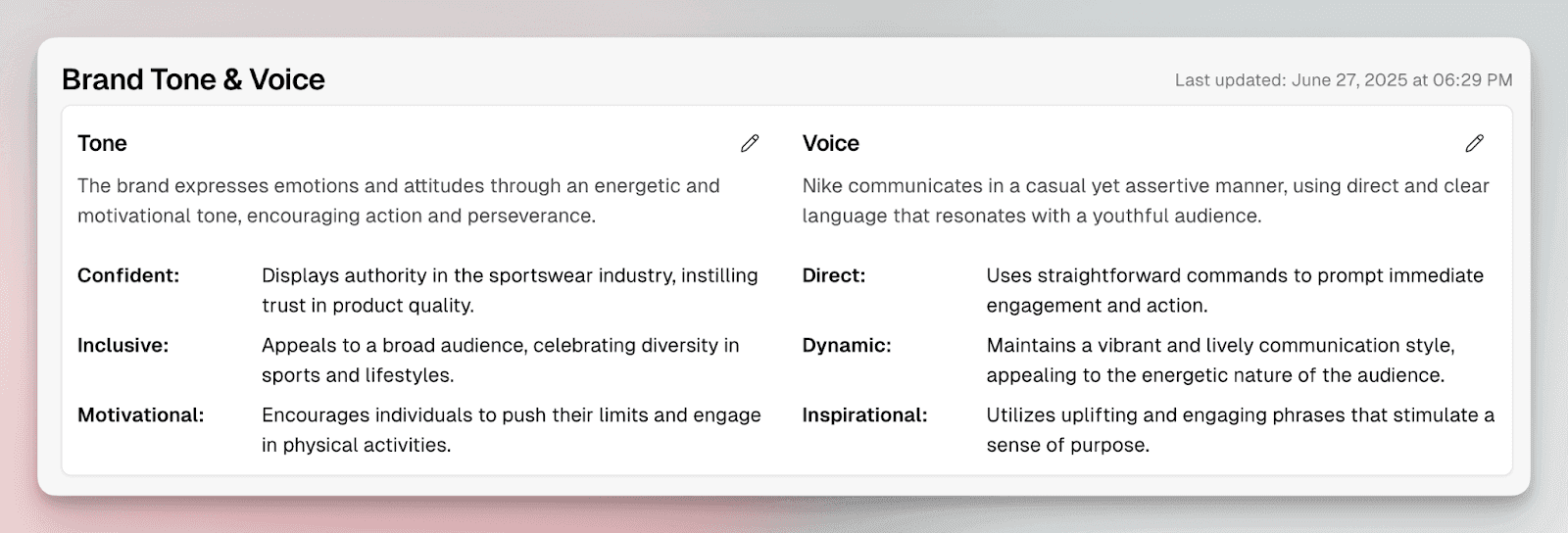Brand tone and voice framework highlighting confident, direct, and motivational language patterns used in AI training