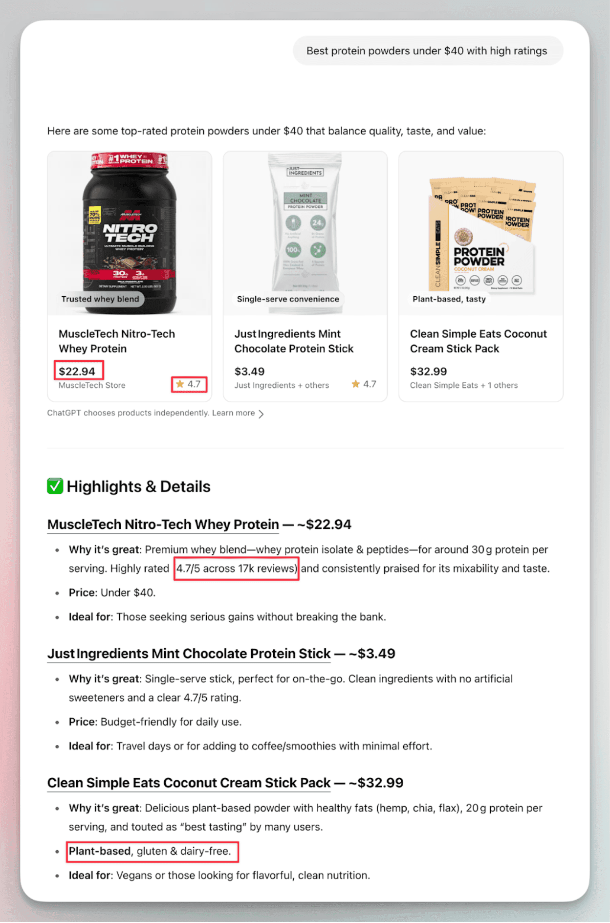 ChatGPT displays protein powder cards with price, ratings, and attributes based on schema data.
