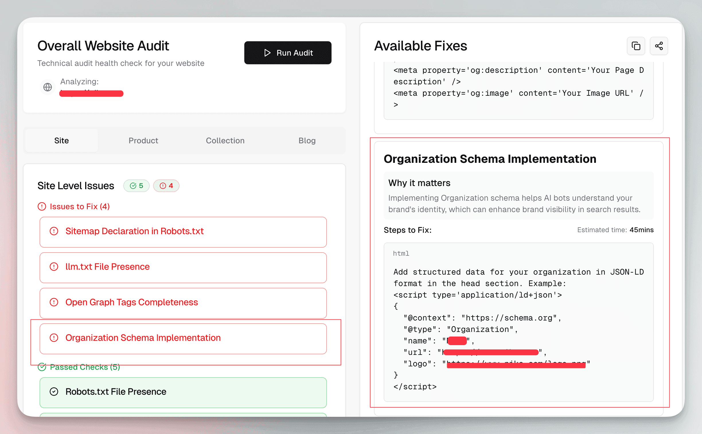 Erlin audit showing schema issues and fix suggestions, including missing Organization schema.