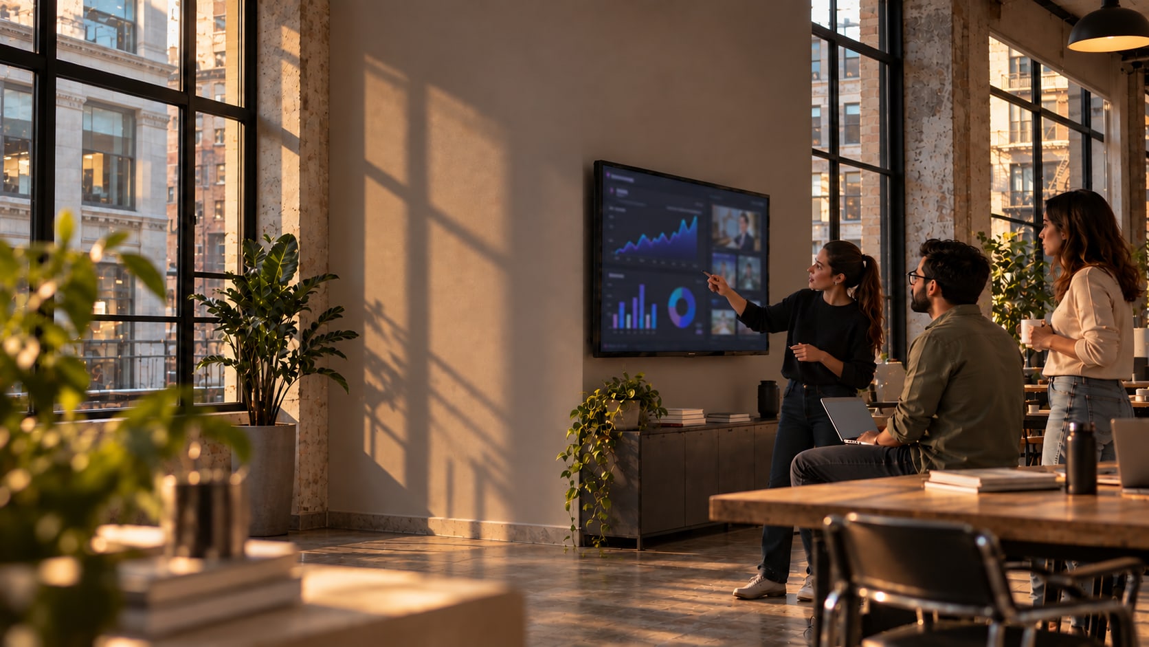 An agency team reviewing a client’s results on a wall screen in a sunlit loft studio.