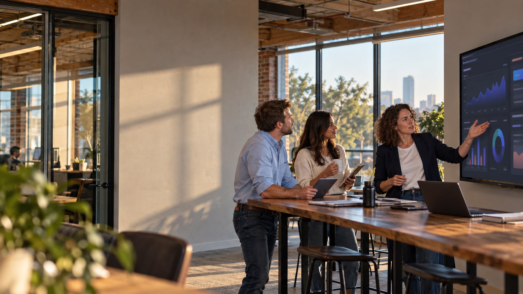 A head of marketing walking her team through pipeline results on a wall screen in a sunlit Austin office.