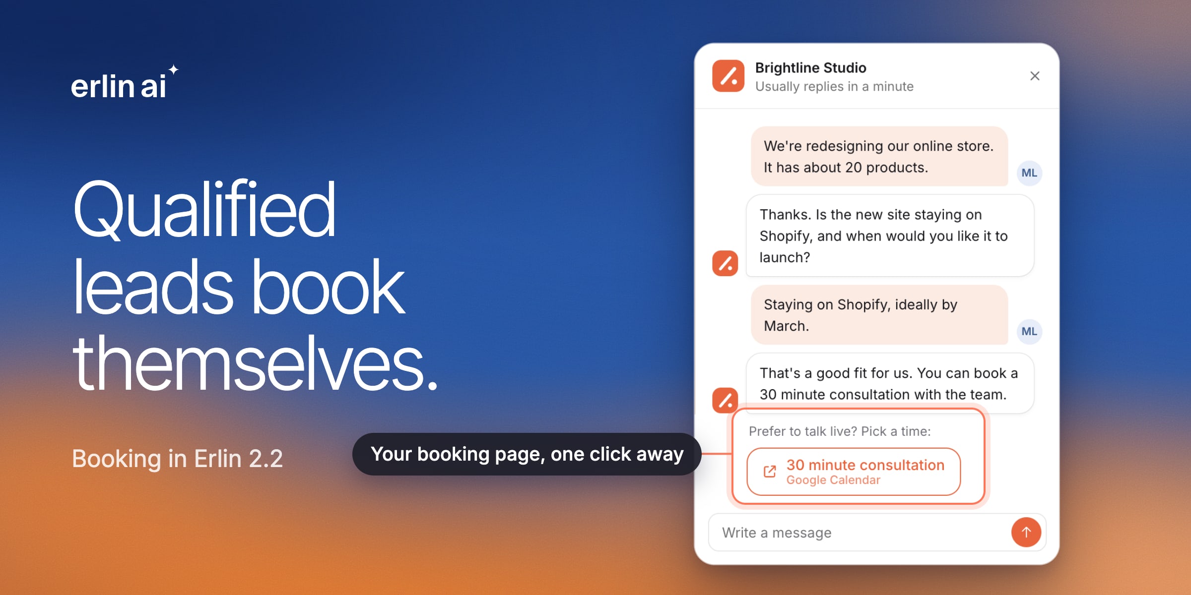 The Brightline Studio website chat offering a link to book a 30 minute consultation after a lead qualifies
